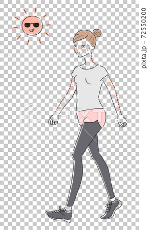 歩いてる若い女性のイラスト。紫外線が強くて日焼けしてしまった女性。 72550200