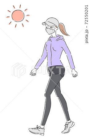歩いてる若い女性のイラスト。感染予防でマスクをしてる女性。 72550201