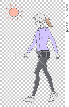 歩いてる若い女性のイラスト。感染予防でマスクをしてる女性。 72550201