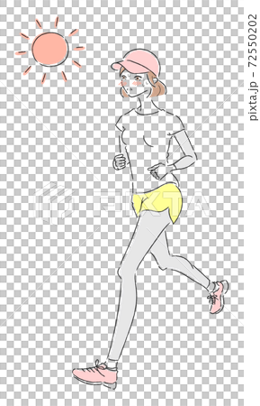 ジョギングをしてる若い女性のイラスト。走って汗をかいてる女性。 72550202