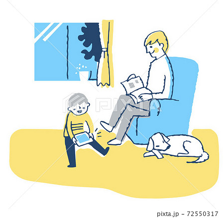 リビングでくつろぐ男性と男の子のイラスト素材