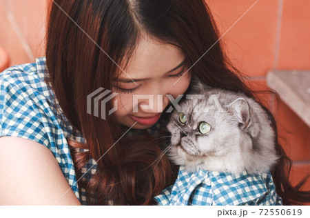 Close up of young Asian woman playing with her persian cat, human-animal relationships. 72550619