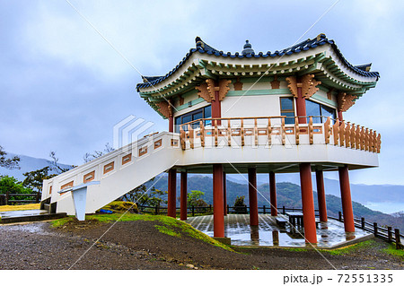 韓国展望所 雨の日 長崎県対馬市 の写真素材