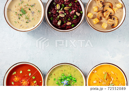 Vegan soup background with various cream soups and a place for text 72552089