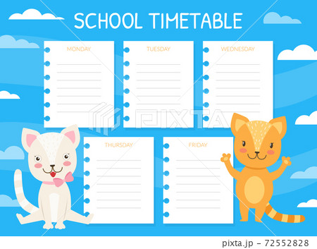 School Timetable Template, Kids Schedule with Funny Pet Animals, Weekly Planner Cartoon Vector Illustration School Timetable Template, Kids Schedule with Funny Pet Animals, Weekly Planner Cartoon Vector Illustration 72552828