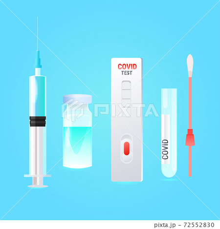 set syringe with covid-19 vaccine bottle swab nasal test and rapid cassette fight against coronavirus pandemic concept set syringe with covid-19 vaccine bottle swab nasal test and rapid cassette fight against coronavirus pandemic concept 72552830