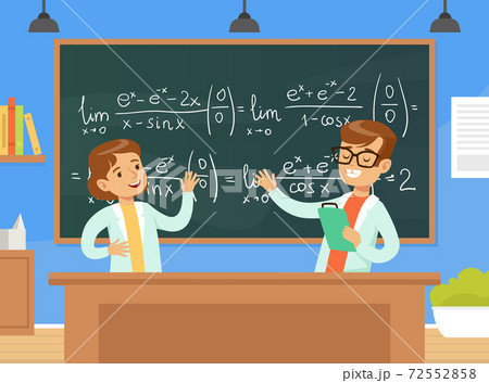 Boy and Girl Mathematicians Characters Writing Formulas On Blackboard, Children Education Concept Cartoon Vector Illustration 72552858