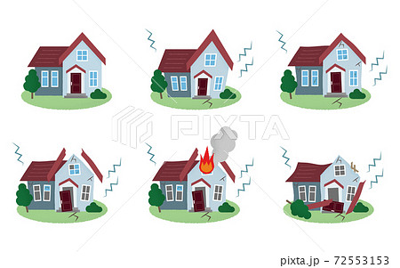 地震の被害に遭う住宅のベクターイラストセット 72553153