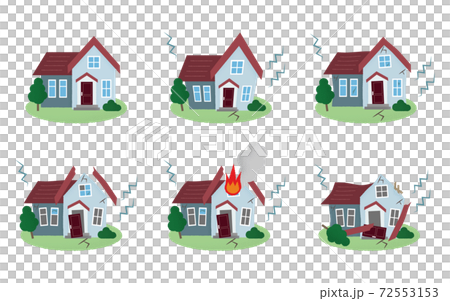 地震の被害に遭う住宅のベクターイラストセット 72553153