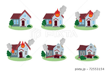 火災に遭う住宅のベクターイラストセット 火災に遭う住宅のベクターイラストセット 72553154
