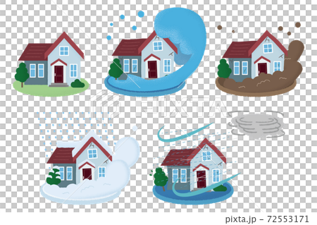 Vector illustration set of houses in disasters: floods, landslides, avalanches, typhoons 72553171