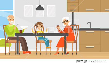 Grandma, Grandpa and Grandson Eating, Drinking Tea and Talking to Each Other, Family Sitting at Dining Table Cartoon Vector Illustration Grandma, Grandpa and Grandson Eating, Drinking Tea and Talking to Each Other, Family Sitting at Dining Table Cartoon Vector Illustration 72553282