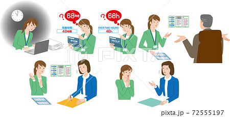 労働トラブル 未払い残業代を相談する若い女性社員のイラスト素材 労働トラブル 未払い残業代を相談する若い女性社員のイラスト素材