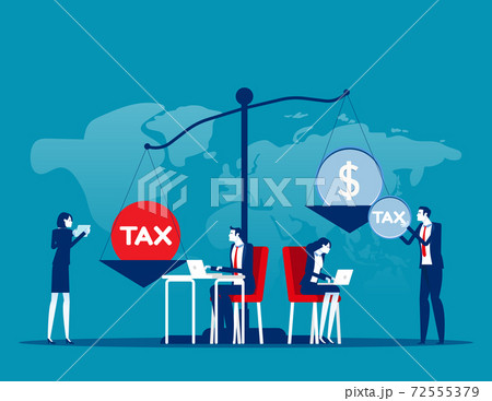 Business people put heavy tax and money weight on huge scale. Financial bankruptcy. Business taxation concept 72555379