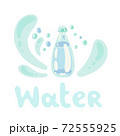 Water plastic bottle. Bottled water. Plastic container. Beverage plastic, glass packaging, cold water storage. Flat doodle bottle illustration with splashes. Isolated clipart vector icon with a title 72555925
