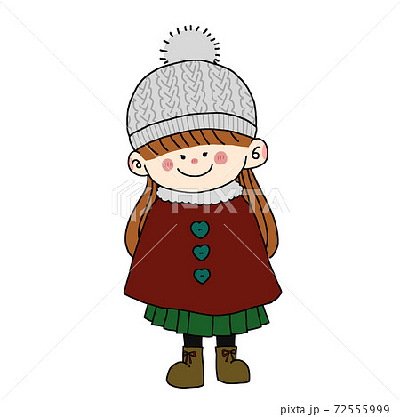 クリスマスカラーの冬服 ポンチョの女の子のイラスト素材