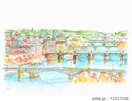 世界遺産の街並み チェコ プラハの橋のイラスト素材