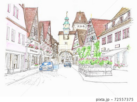 ヨーロッパの街並み ドイツ ローテンブルグのイラスト素材