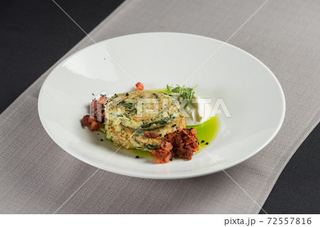 Zucchini pancakes served with sun-dried tomatoes and cream cheese Zucchini pancakes served with sun-dried tomatoes and cream cheese 72557816
