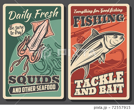 Fresh seafood, fisher tackle store vector poster Fresh seafood, fisher tackle store vector poster 72557915