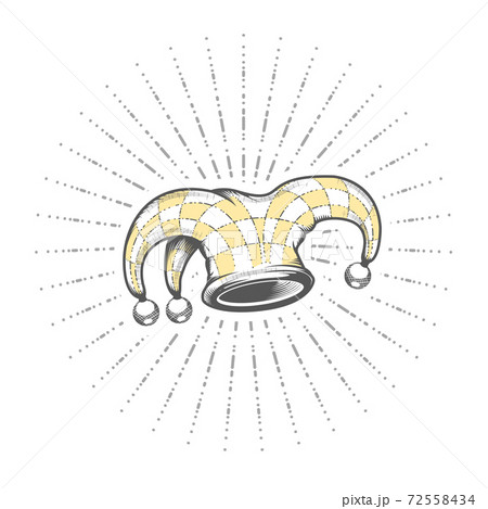 Jester hat, fools' day symbol, joker hat with bells, harlequin headwear in graphic style, vector 72558434