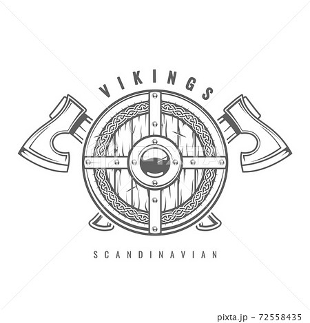 Round Viking shield with crossed axes and celtic pattern, medieval wooden armor with hatchets, old shield decorated with scandinavian ornament 72558435