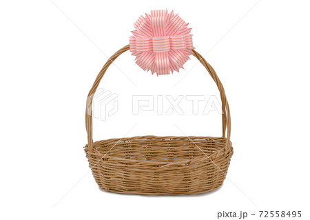 Empty wicker basket with ribbon isolated on white and clipping path 72558495