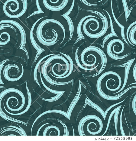 Seamless vector pattern of spirals of smooth lines and corners of turquoise color on a green background.Texture of waves and curls. Seamless vector pattern of spirals of smooth lines and corners of turquoise color on a green background.Texture of waves and curls. 72558993