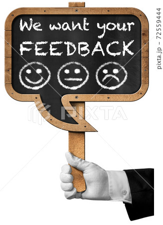 Chef holding a Blackboard with Sentence We Want Your Feedback Chef holding a Blackboard with Sentence We Want Your Feedback 72559444