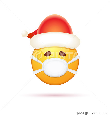 Vector Emoji sticker with mouth medical protection mask and santa claus red hat isolated on white background. Yellow santa smile face character with Christmas hat and white surgeon mask. Vector Emoji sticker with mouth medical protection mask and santa claus red hat isolated on white background. Yellow santa smile face character with Christmas hat and white surgeon mask. 72560865