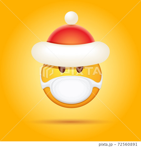 Vector Emoji sticker with mouth medical protection mask and santa claus red hat isolated on orange background. Yellow santa smile face character with Christmas hat and white surgeon mask. 72560891