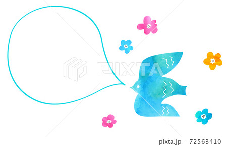 水彩テクスチャの鳥と吹き出しや花のイラスト素材