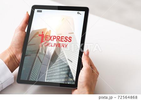 Express Delivery App Interface Opened On Digital Tablet In Female Hands, Collage 72564868