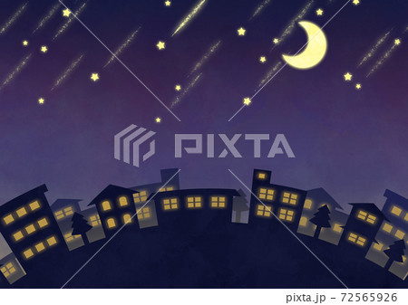 三日月と流れ星の夜景イメージのイラスト素材