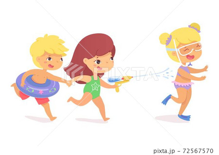 Vector happy kid enjoy fun on summer. Little boy and girl friend shooting from toy water gun, running, laughing. Vacation scene. Summertime rest, active children recreation. 72567570