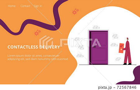 Contactless delivery landing home page for delivery company. Man with parcel. Vector stock illustration isolated on white and abstract background. 72567846