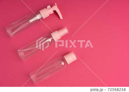 A kit of plastic containers for transportation of shampoos, creams and cosmetics in travel A kit of plastic containers for transportation of shampoos, creams and cosmetics in travel 72568238