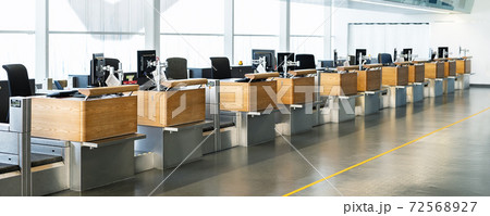 registration empty check-in counter desk closed due to covid pandemic lockdown, cancelled suspended flight. Airways and travel agency bankruptcy at coronavirus 72568927