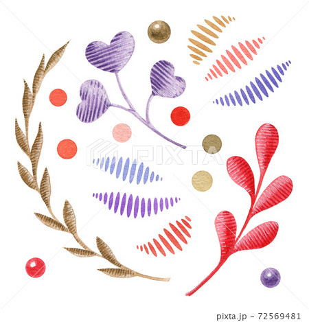 Embroidery leaves and flowers watercolor set. Hand drawn stitches and beads vintage style collection. Golden, violet, red decor elements. Retro design stitched element collection on white background. Embroidery leaves and flowers watercolor set. Hand drawn stitches and beads vintage style collection. Golden, violet, red decor elements. Retro design stitched element collection on white background. 72569481