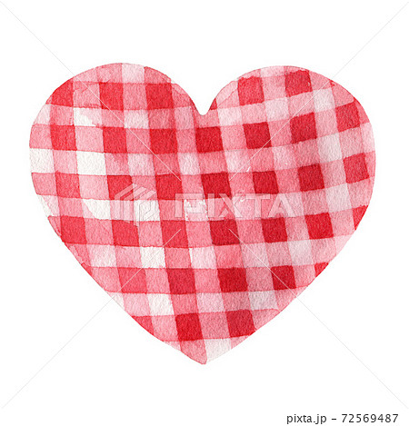 Vintage style tartan heart image. Romantic heart red and white image for Valentine day and weddings on white background. Hand drawn retro textile decorative element watercolor illustration. 72569487