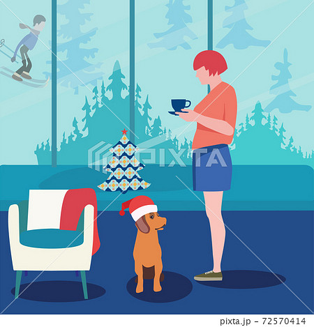 woman  in loft apartment standing in profile and looking at the dog 72570414