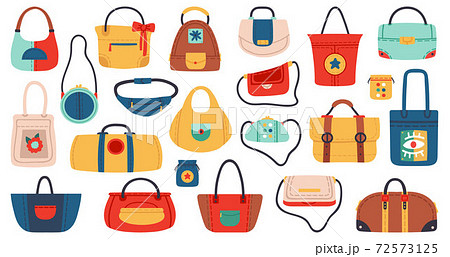 Womens handbags. Fashionable ladies accessories, shopper, tote, belt bag and clutch. Fashion leather and textile bags vector illustration set Womens handbags. Fashionable ladies accessories, shopper, tote, belt bag and clutch. Fashion leather and textile bags vector illustration set 72573125