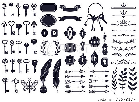 Keys decorative elements. Vintage old house door keys, antique keyholes, decorative borders, crowns, flowers and arrows vector illustration set 72573177
