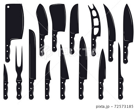 Meat knives. Butcher shop meat knives, boning, cleaver, filleting and chop knives. Vintage cutting meat knives silhouettes vector illustration set 72573185