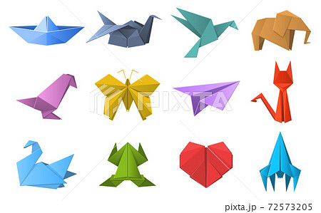 Paper origami shapes. Origami polygonal paper folding, pigeon, animals, plane and ship figures. Oriental origami hobby vector illustration set 72573205