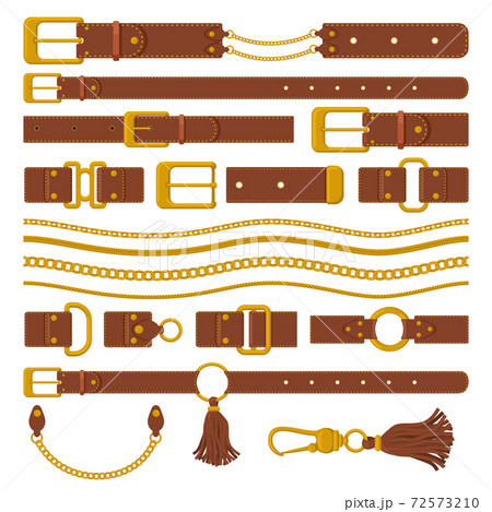 Belts and chains elements. Leather brown belts, gold ring straps, chains and metal buckles. Haberdashery leather accessories vector illustration 72573210