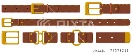 Leather strapping. Brown leather belts with steel buckles and metal fittings. Haberdashery strapping accessories vector illustration set 72573211