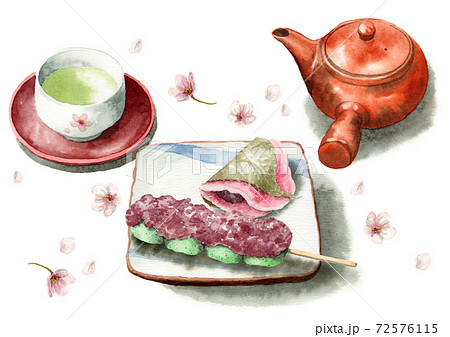 アナログ水彩桜餅焼き皮草だんごお茶 アナログ水彩桜餅焼き皮草だんごお茶 72576115