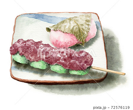 アナログ水彩桜餅道明寺草だんごのイラスト素材