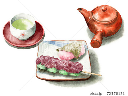 アナログ水彩桜餅道明寺草だんごお茶 72576121